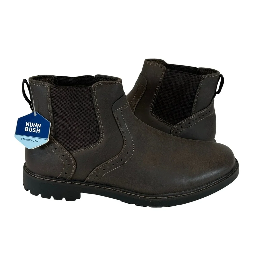 Nunn Bush Mens Dark Brown Leather‎ Chelsea Brogue Lug Sole Boots 11.5 NEW